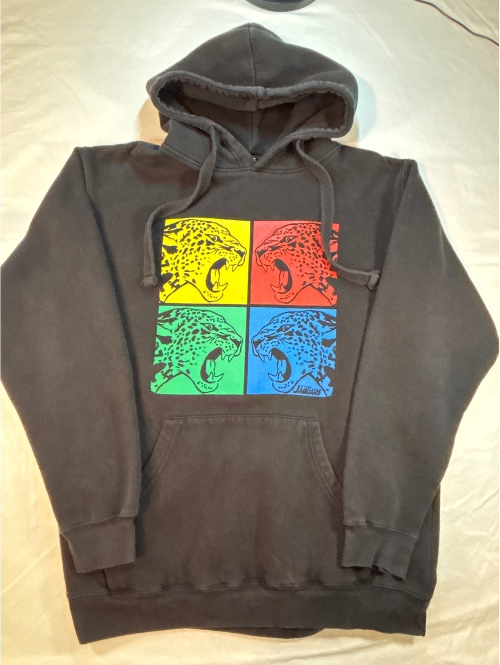 Y2K 2009 Jaguars Pop Art Graphic Black Faded Hoodie Large